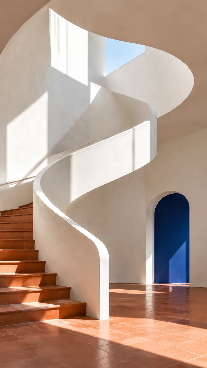 Sculptural white staircase with crisp architectural shadows