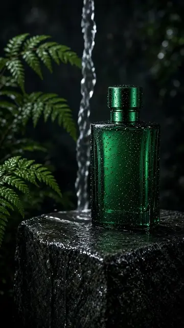 Green bottle beside falling water, an Everygen AI product scene example