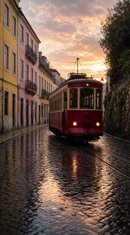 Red tram on a rain-wet street, a scene example for the Viewmax AI guide